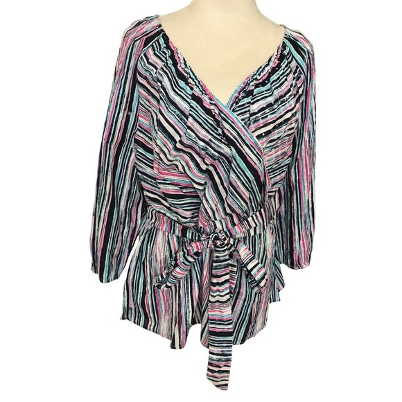 Lane Bryant 22/24 Stripe Overlap Elastic Tie Waist Peplum Cotton Embroidered Top - Picture 1 of 10